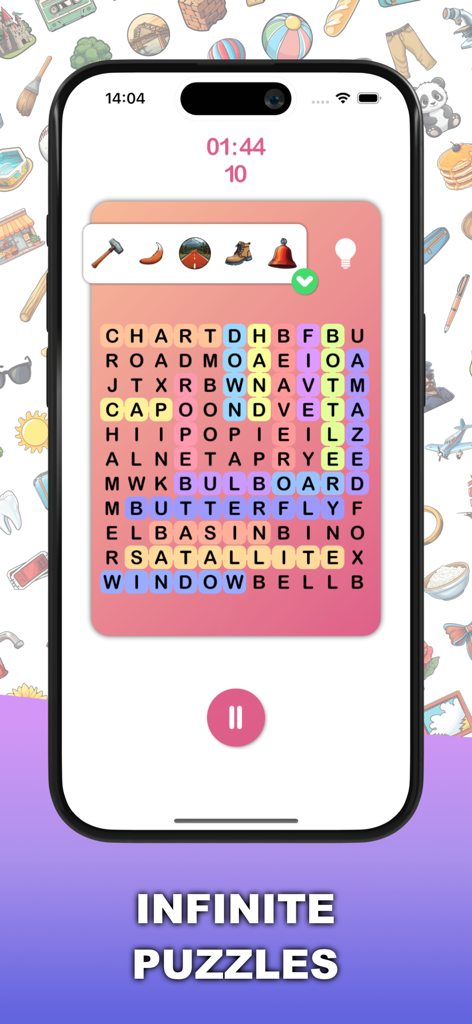 Pics 2 Words - Pantalla del juego móvil que muestra un puzzle de sopa de letras con palabras resaltadas e íconos.