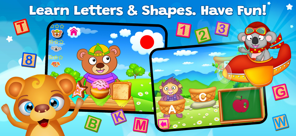 123 Fun GAMES Top Educational - Personajes de dibujos animados coloridos enseñando letras y formas en una aplicación educativa para niños