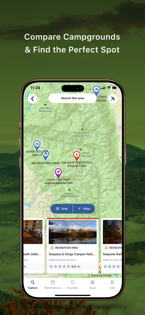 A mobile app interface displaying an interactive map with pins for campgrounds and recreation areas in Sequoia National Park