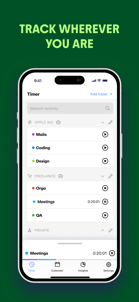 EARLY: Time Tracking - The EARLY time tracking app interface on a smartphone showing different project categories and an active timer.