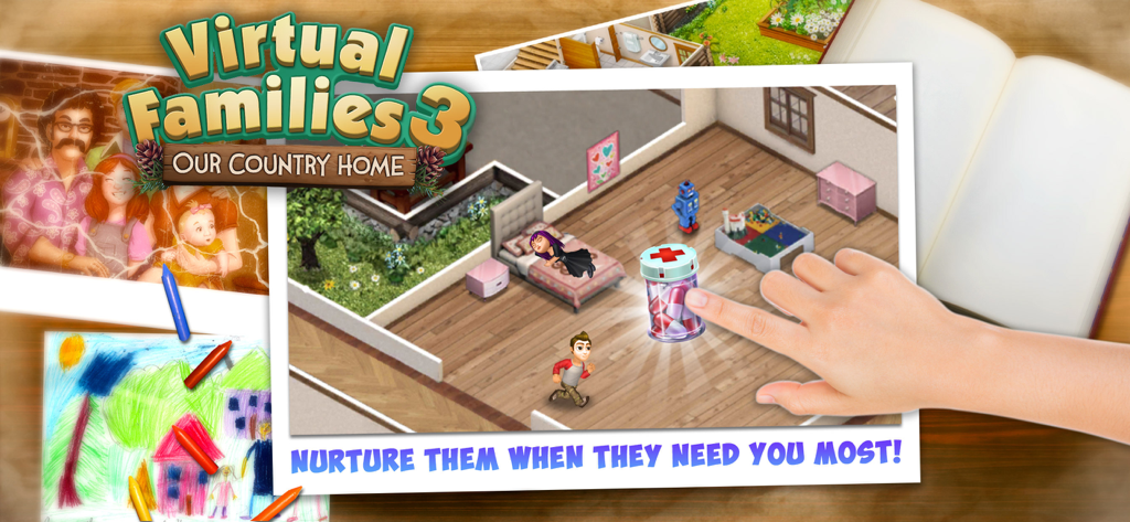 Gameplay von Virtual Families 3, das einen Spieler zeigt, der Medizin verwendet, um seine virtuellen Familienmitglieder zu pflegen.