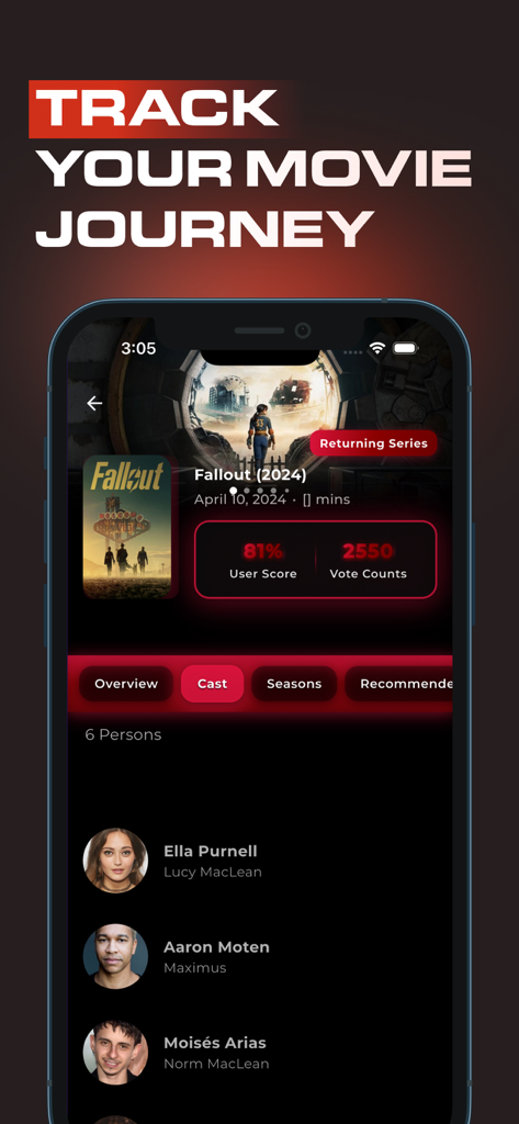 Captura de tela do aplicativo Cineby mostrando detalhes do filme e elenco da série Fallout