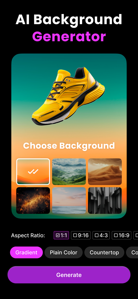 AI background generator interface showing a yellow sneaker with various background and aspect ratio options.