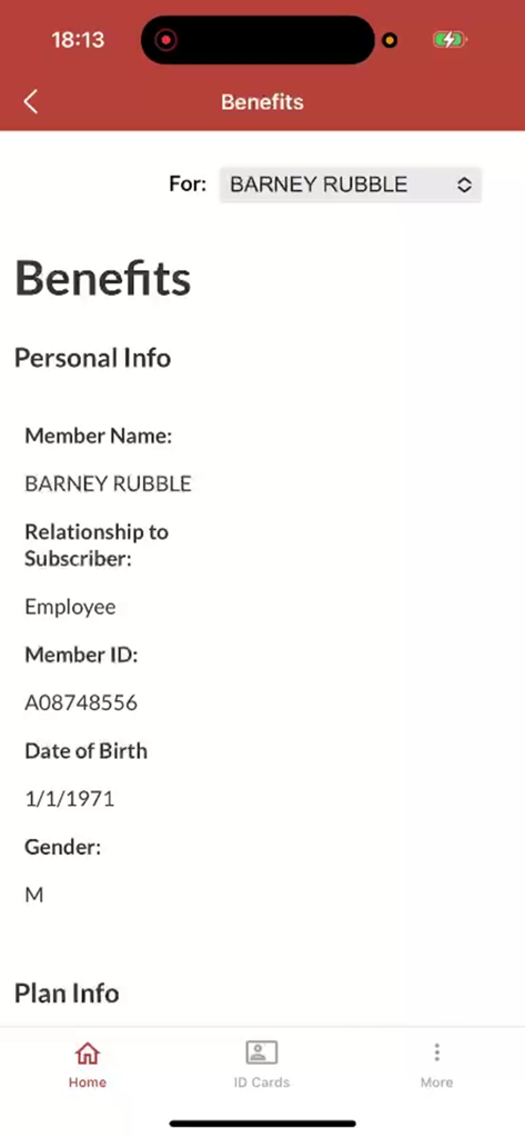 MyNova - Benefits screen of the MyNova mobile app showing member personal details including name and member ID