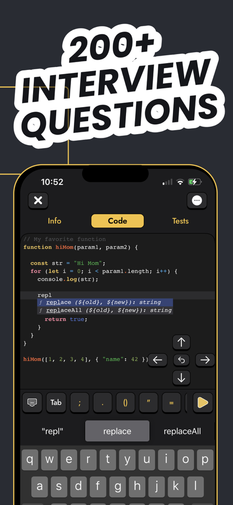 Learn & Code: CodenQuest - CodenQuest app interface showing a JavaScript code editor and a banner for 200 plus interview questions
