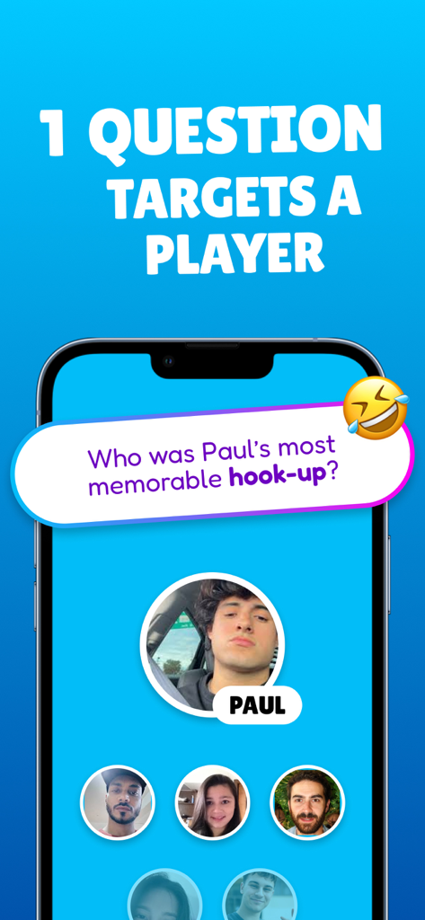 Insight - Play With Friends - Insightモバイルアプリ。特定のプレイヤーを対象としたグループゲームの質問が表示されています。