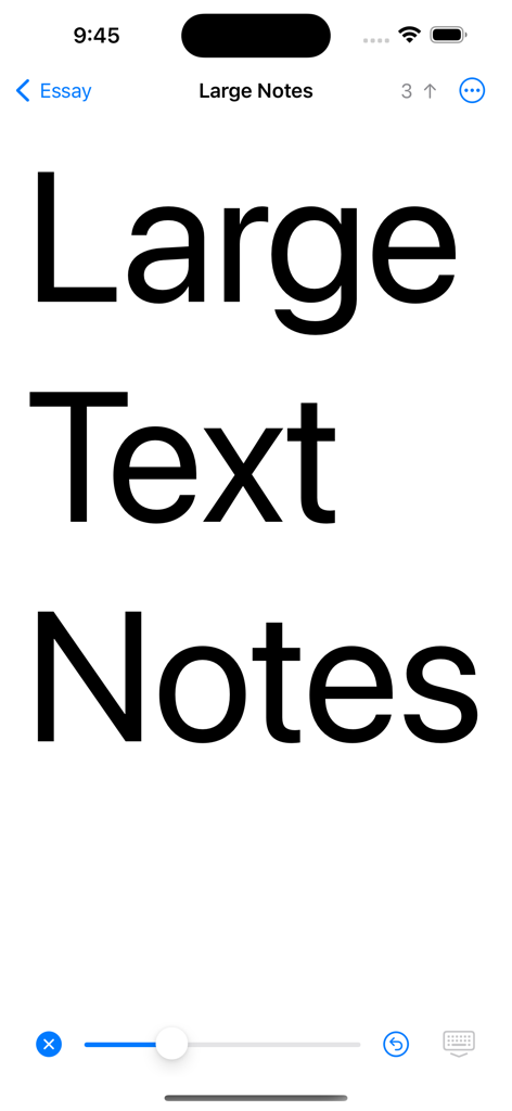 Screenshot of the Large Text Notes app interface showing extra large text and a slider to adjust font size