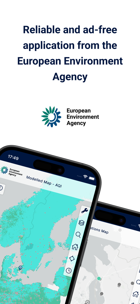 Official European Air Quality Index app interface displaying air pollution maps and EEA logo