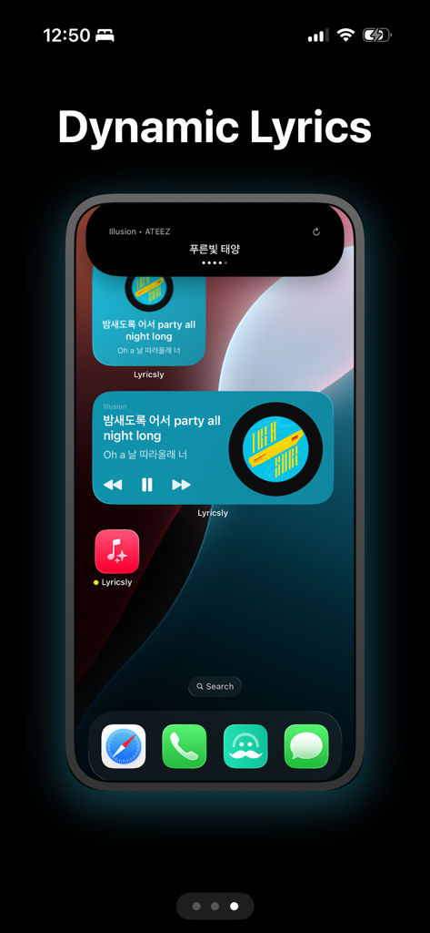 Dynamic Lyrics Widget - Dynamic lyrics widgets and Dynamic Island active on an iPhone home screen