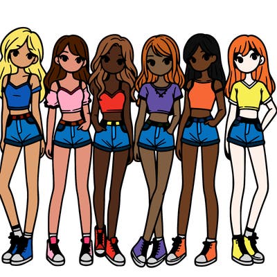 a group of girls wearing crop tops and shorts