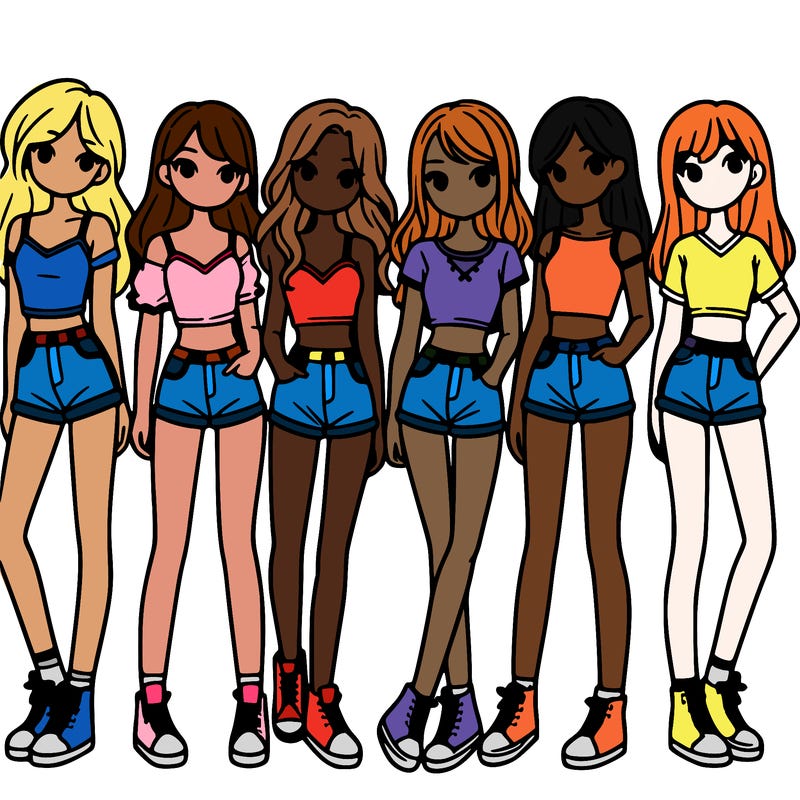 a group of girls wearing crop tops and shorts