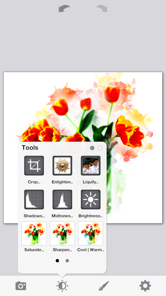 PhotoViva - Paintings from your photos! - PhotoViva app interface showing a watercolor painting of tulips and a selection of photo editing tools