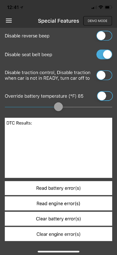 Dr. Prius / Dr. Hybrid - Dr. Prius app special features screen with toggles to disable reverse and seat belt beeps and buttons to read or clear engine and battery error codes