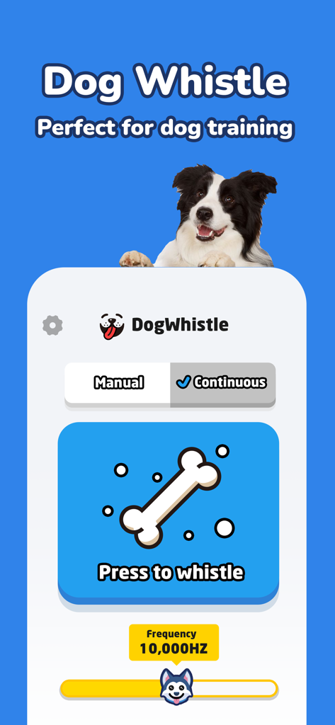 Dog Whistle app interface with frequency control and bone button for dog training