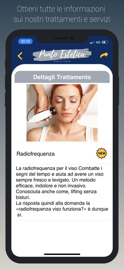 Punto Estetica Monteverde - 写真と説明を含む、ラジオ波フェイシャル治療に関する詳細情報を示すアプリ画面。