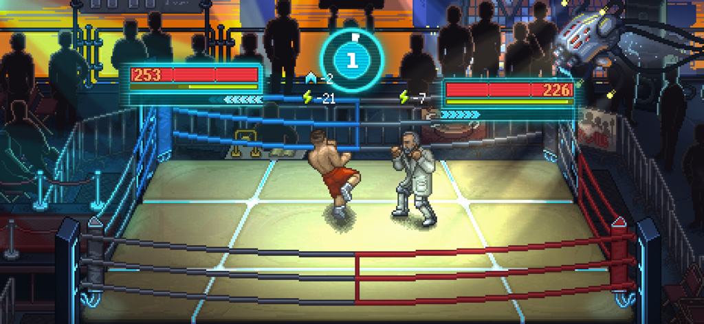 A retro pixel art boxing match scene in a cyberpunk arena from Punch Club 2