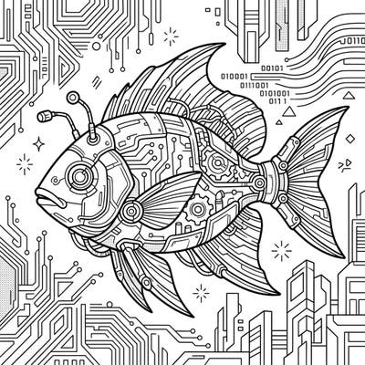 Journey to a futuristic underwater world with this captivating cyberpunk tropical fish coloring page. Featuring intricate details of circuits and gears, it's a unique blend of nature and technology for a truly engaging artistic experience.