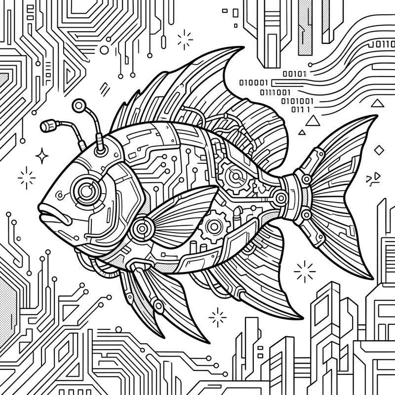 Journey to a futuristic underwater world with this captivating cyberpunk tropical fish coloring page. Featuring intricate details of circuits and gears, it's a unique blend of nature and technology for a truly engaging artistic experience.