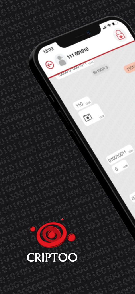 Criptoo - A interface do aplicativo Criptoo mostrando uma conversa segura com mensagens convertidas em código binário para privacidade