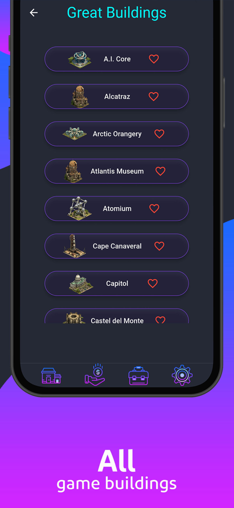 A list of Great Buildings within the FoE Companion app interface showing options like Alcatraz and Arctic Orangery.