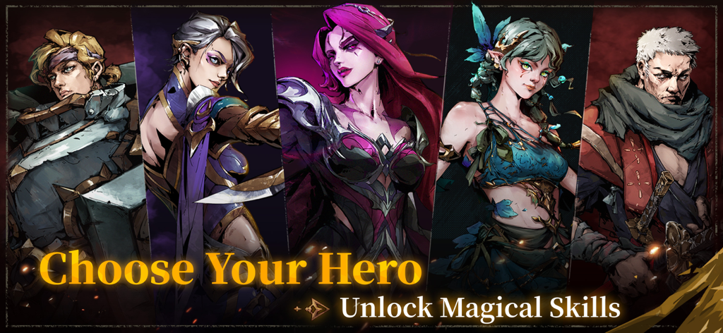 Shadow of the Depth - Character selection screen for Shadow of the Depth showing five distinct hand-drawn heroes