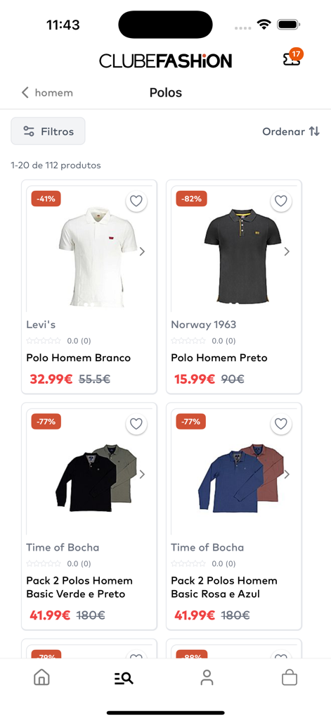 Clubefashion - Clubefashionアプリの画面には、最大82%オフのメンズポロシャツのセレクションが表示されています