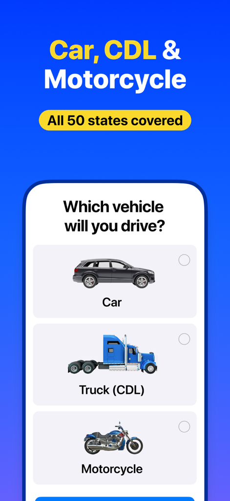 DMV Genie: Permit Test 2026 - DMV Genieアプリのインターフェースは、全米50州の自動車、トラックCDL、またはバイクの学科試験を選択するためのものです。