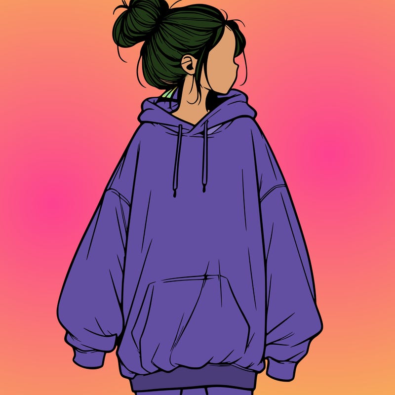 realistic girl with a oversized sweatshirt on and a bun
