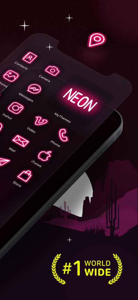 Themes Widgets Icon, Screen 14 - Custom pink neon app icons and widgets on a dark iPhone home screen with desert wallpaper.