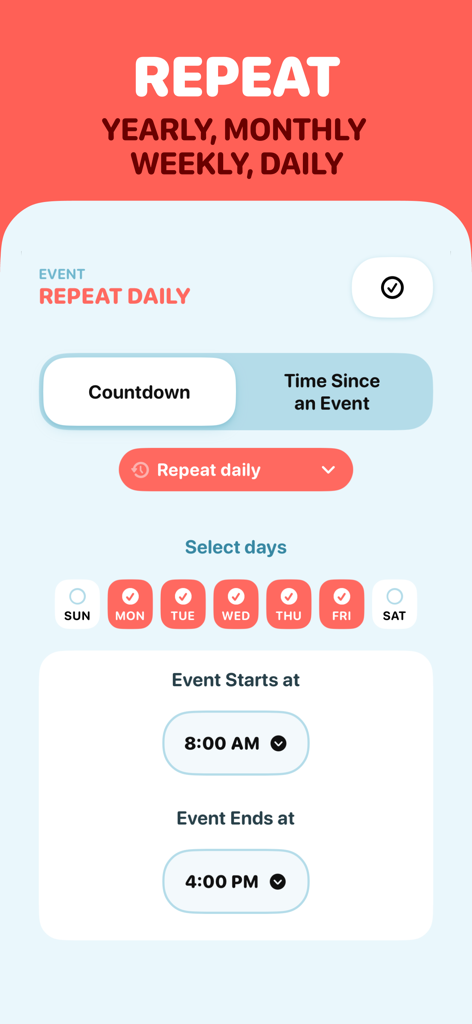 A screenshot of the Countdown Buddy app interface showing settings for a daily repeating countdown including day selection and start and end times