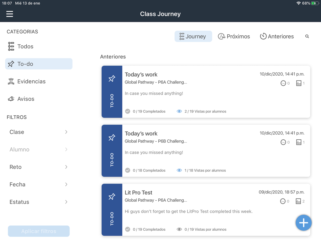 Dashboard of the Knotion DEP education app showing the to-do list within the class journey feature