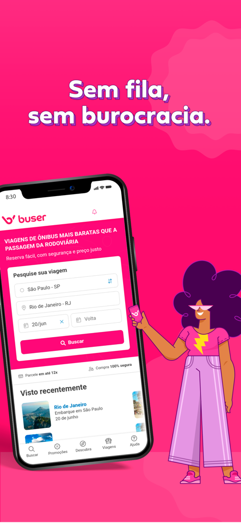 Smartphone screen showing the Buser app search interface for cheap bus trips with no bureaucracy.