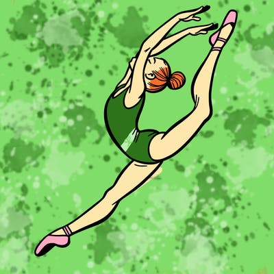 gymnast doing a leap in a leotard with a bent back leg