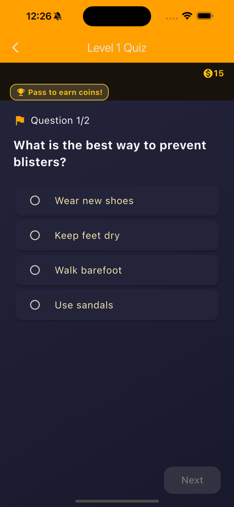 Tactil - A multiple choice quiz question about blister prevention on the Tactil app interface