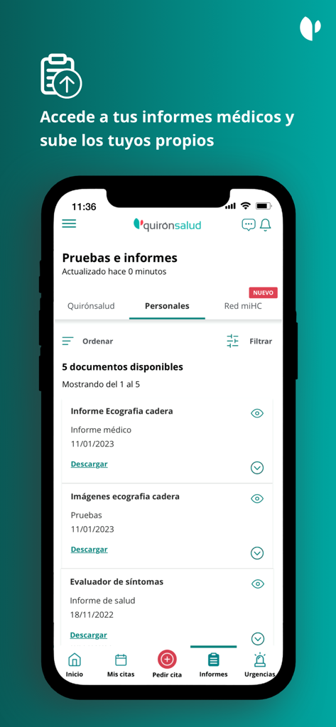 Quirónsalud - キロンサルー (Quirónsalud) のモバイルアプリインターフェース。閲覧・ダウンロード可能な医療レポートと診断テスト結果のリストが表示されています。