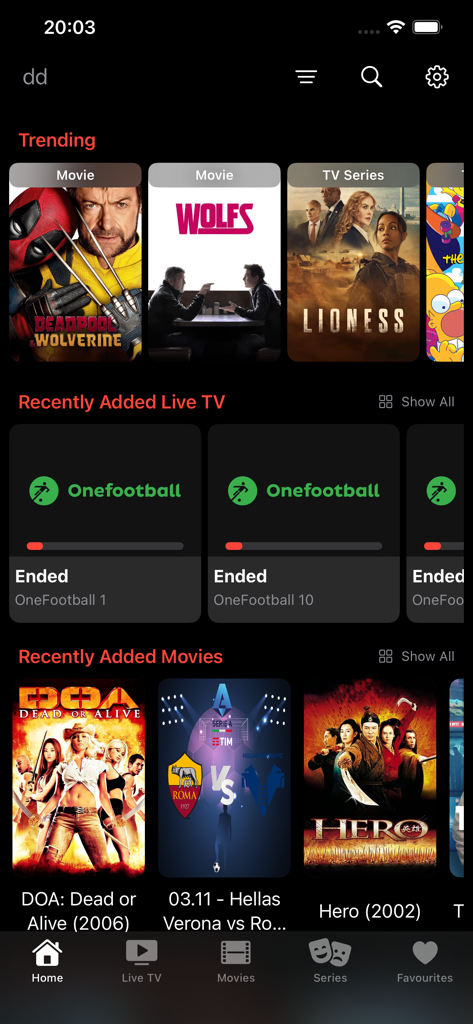 Snappier IPTV - Snappier IPTV app home screen on iPhone showing movies and live TV categories