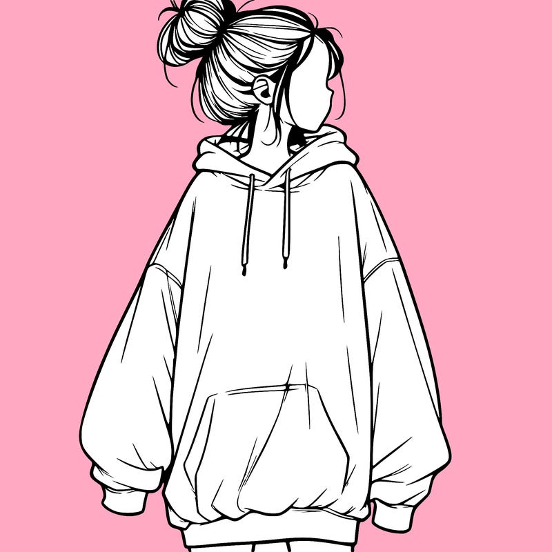 realistic girl with a oversized sweatshirt on and a bun