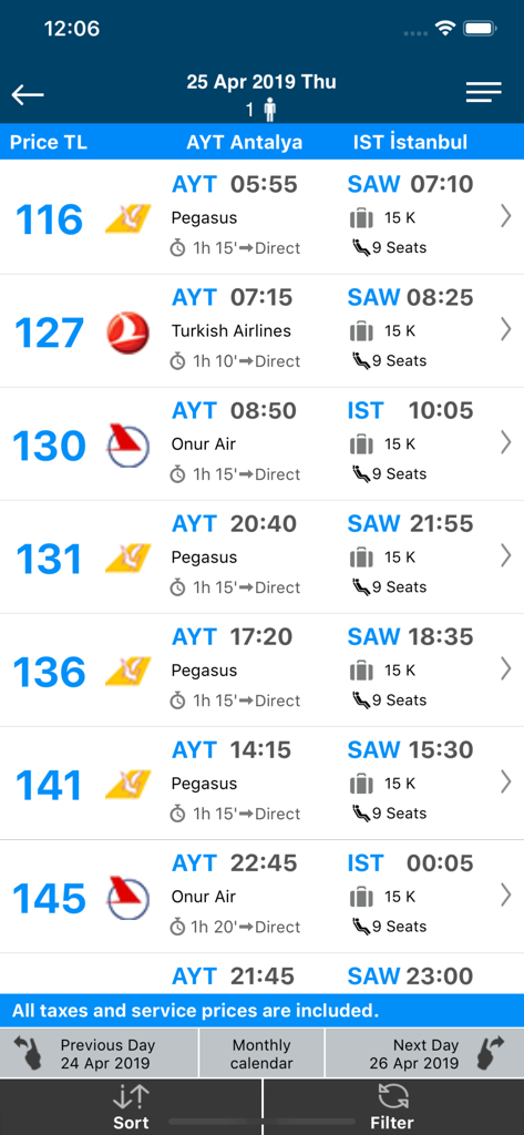 Aerobilet - Flights, Hotels - Flight search results list in the Aerobilet app showing prices and airline options for Antalya to Istanbul