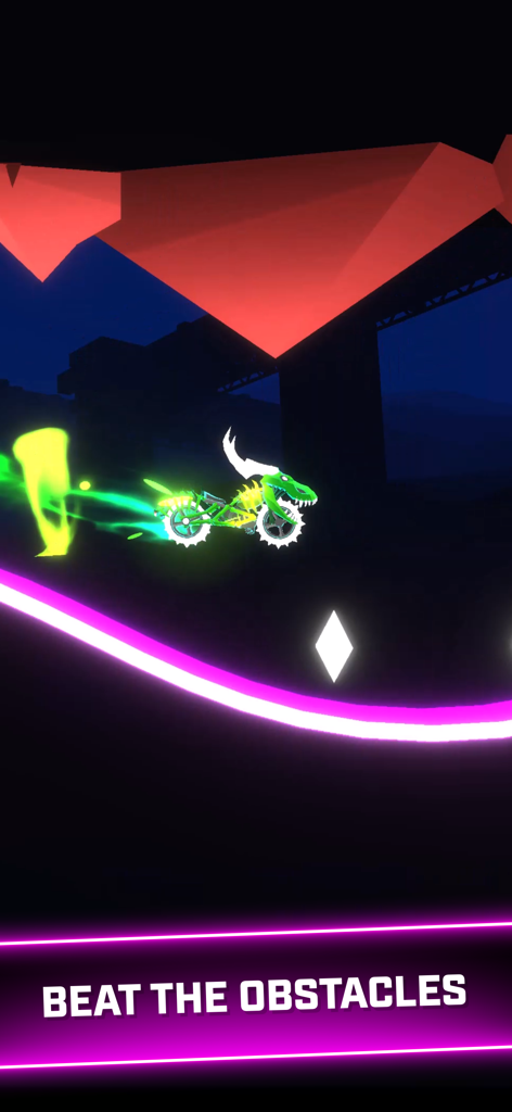 Rider Worlds - Neon Bike Races - ピンクのシンセウェーブトラックで、障害物を飛び越える光るネオングリーンバイク。