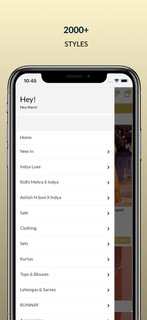 Indya Women Indian Wear Online - KurtaやLehengaなどのさまざまな衣料品カテゴリーを含む、Indyaファッションアプリのナビゲーションメニューを示すモバイル画面。