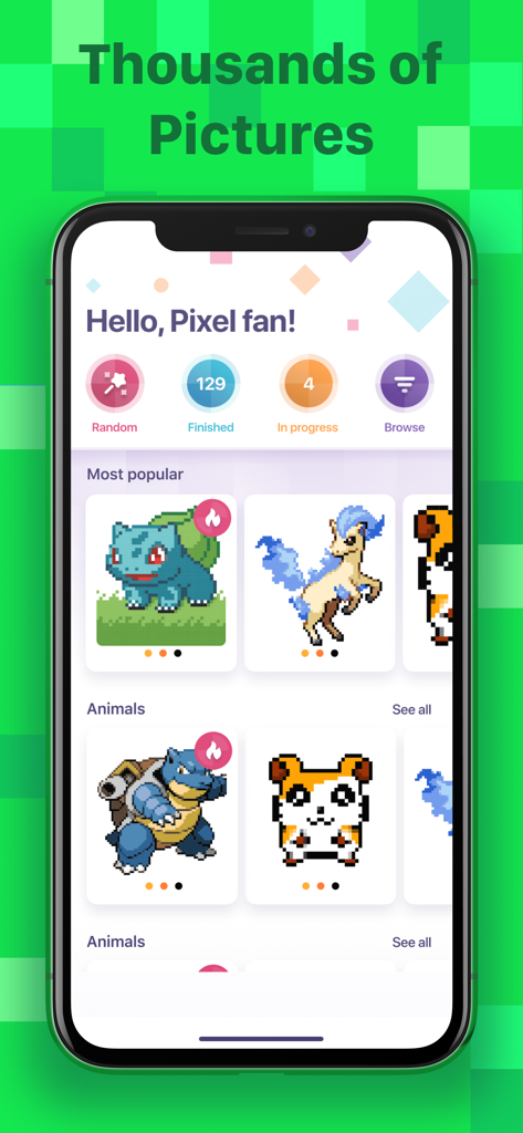 Ein Handy-Bildschirm zeigt die Hauptgalerie einer Pixelkunst-Malbuch-App mit Kategorien wie „Am beliebtesten“ und „Tiere“.