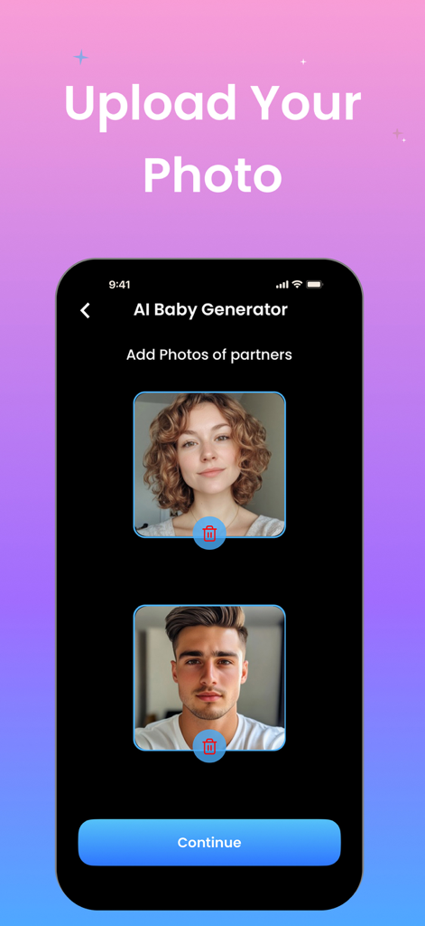 AI Baby Generator: Baby Maker - Pantalla de carga de fotos de pareja de la aplicación Generador de Bebés IA