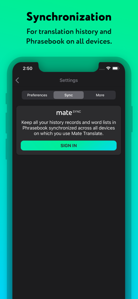 Language Translator by Mate synchronization settings screen showing cross-device history and phrasebook sync