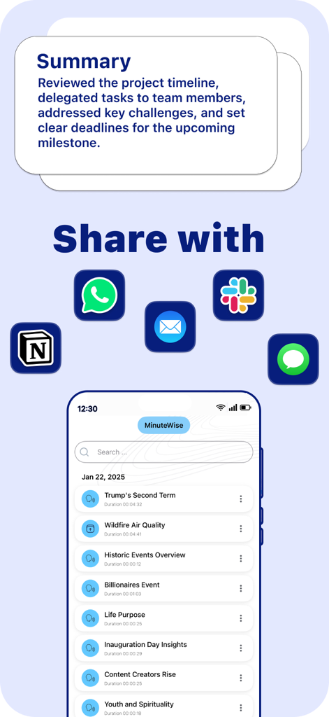 MinuteWise: AI Note Taker - MinuteWise app interface showing an AI generated summary and sharing options to apps like Slack Notion and WhatsApp