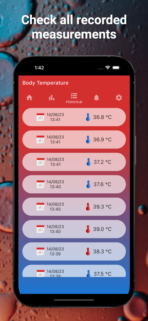 A list of recorded body temperature measurements showing dates, times, and temperature values in Celsius