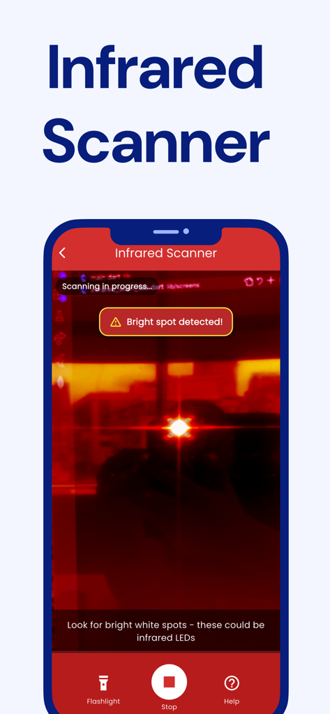 Pantalla de la app de smartphone mostrando la interfaz del escáner infrarrojo de SpyFy detectando un punto brillante que indica una posible cámara oculta.