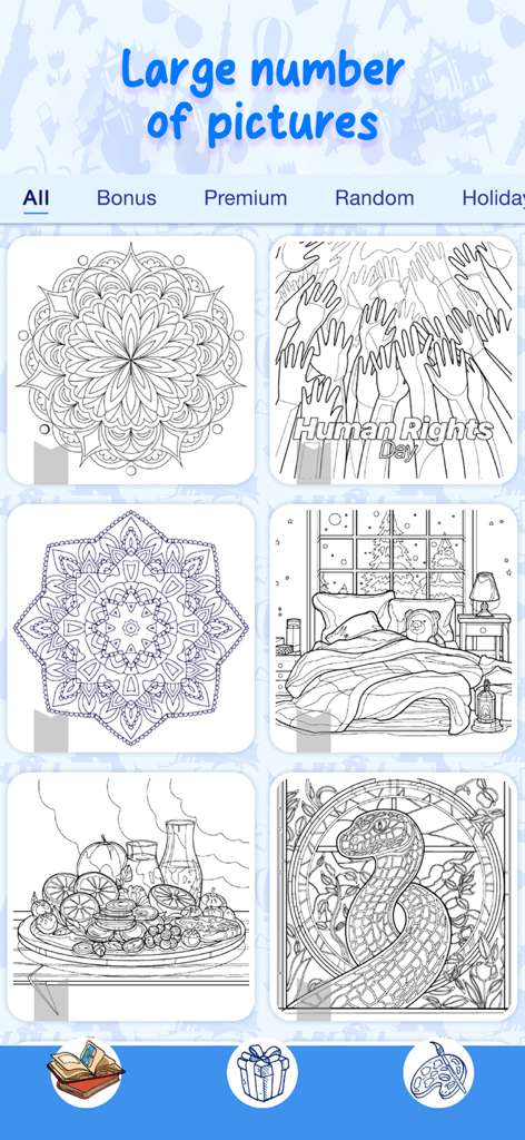 Happy Canvas app interface displaying a wide selection of coloring pages including mandalas and bedroom scenes