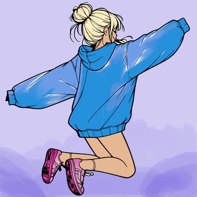 realistic girl jumping with a bun and oversized sweatshirt