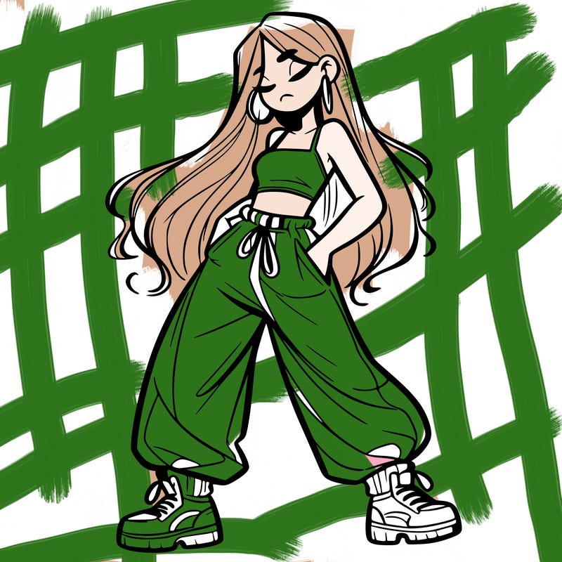 girl in baggy pants crop top and long hair
