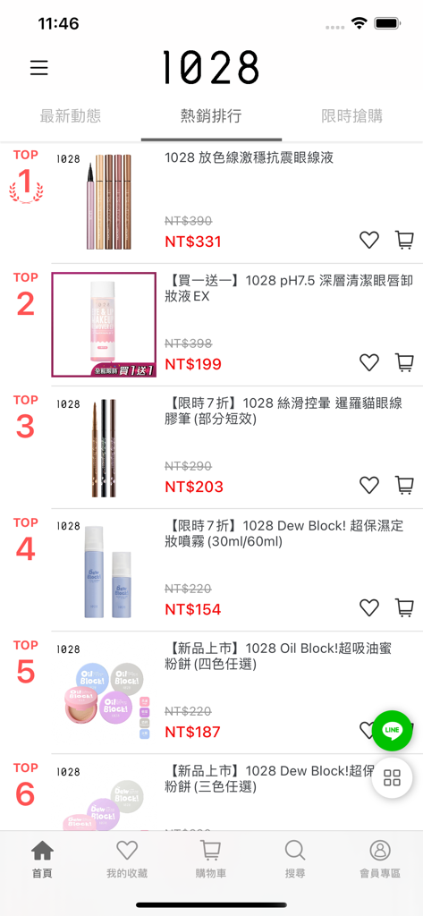 1028 時尚彩妝-官方購物 - Screenshot of the 1028 Fashion Makeup app showing a ranked list of top-selling beauty products with discounted prices.